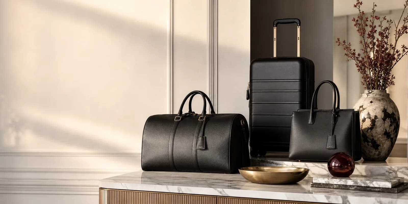 Luxury duffle bag, trolley, handbag, vase, and tabletop decor by MUKARA